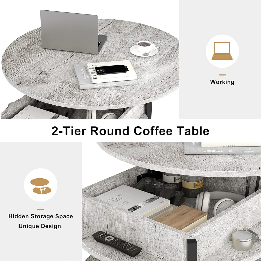 Lift Top Coffee Table with Storage, 35.43" Round Dining Table, Gray