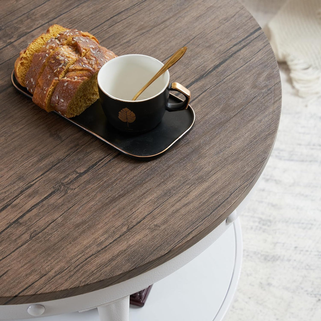 Farmhouse Coffee Table, 2-Tier Storage Wood Center Circle Accent Table, Dark Walnut White