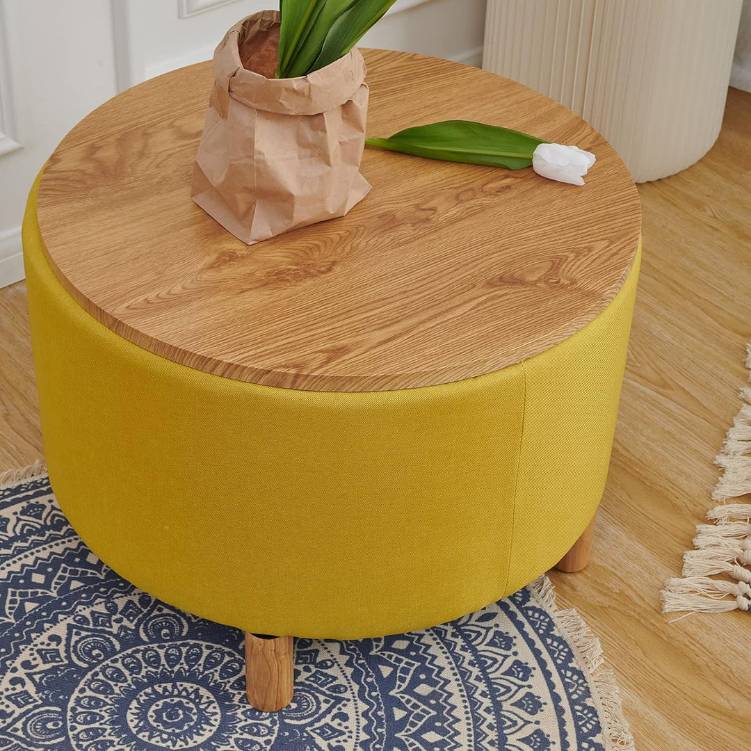 Round Coffee Table with Storage, Multi-Function Ottoman, Natural Color