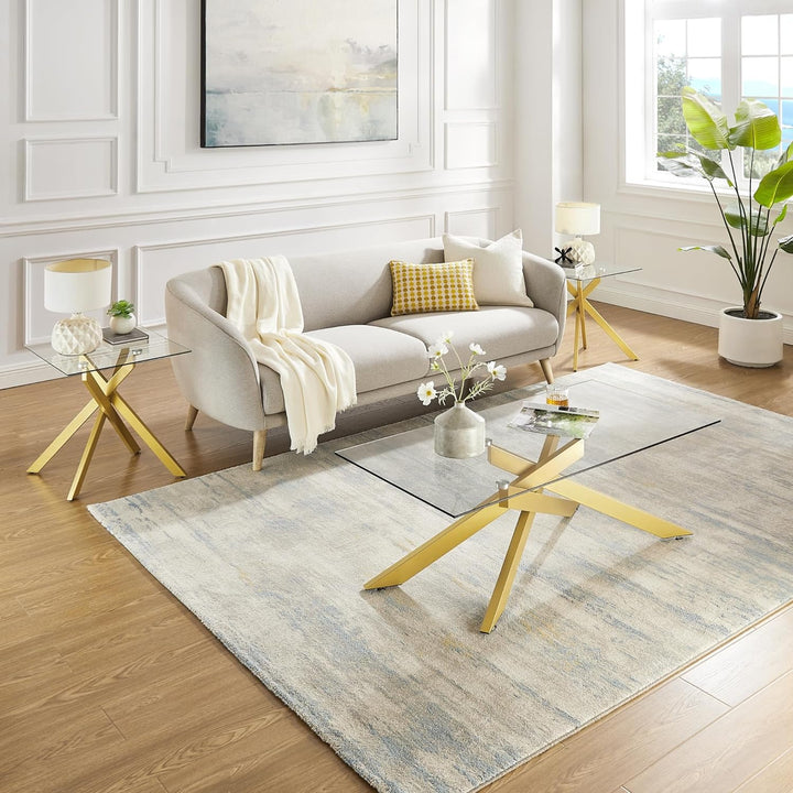 Modern Rectangular Coffee Table, Tempered Glass Top, Metal Legs, Gold