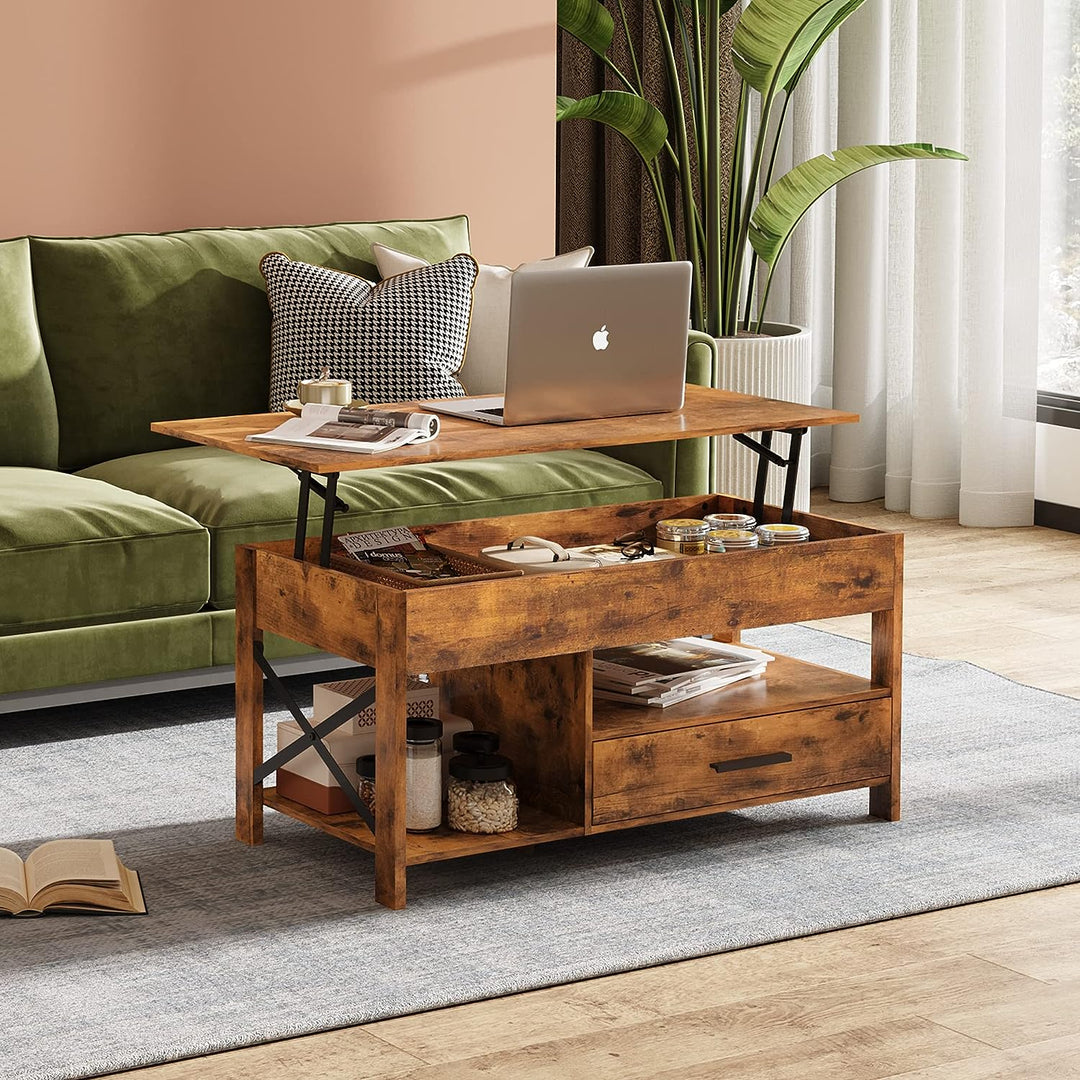 Lift Top Coffee Table with Hidden Storage, Metal Frame, Rustic Brown