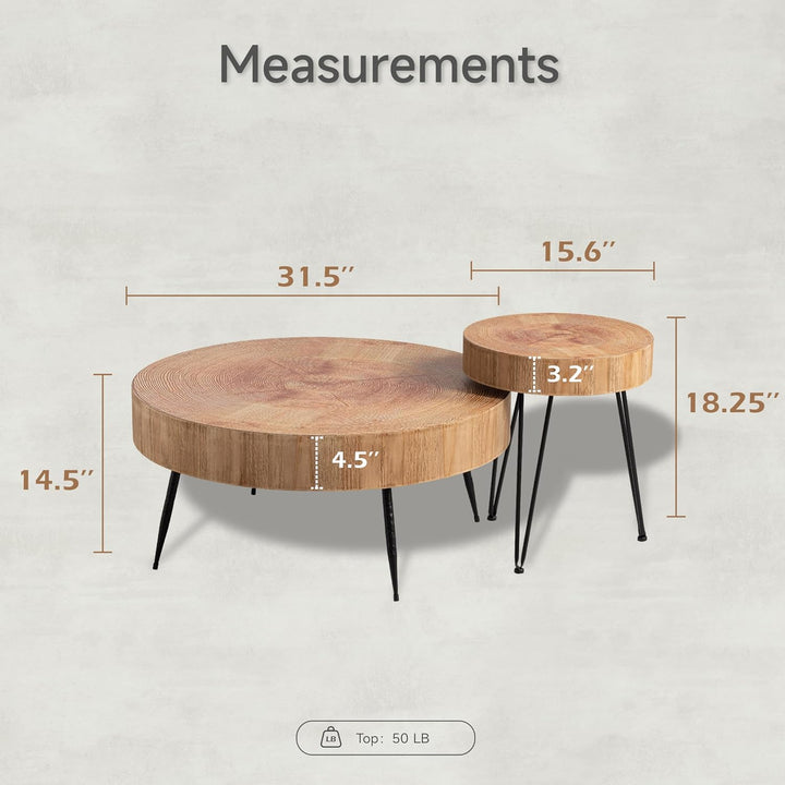 2-Piece Modern Farmhouse Coffee Table Set, Nesting Table Round Natural Finish with Wood Ring Motif, Stump Pattern