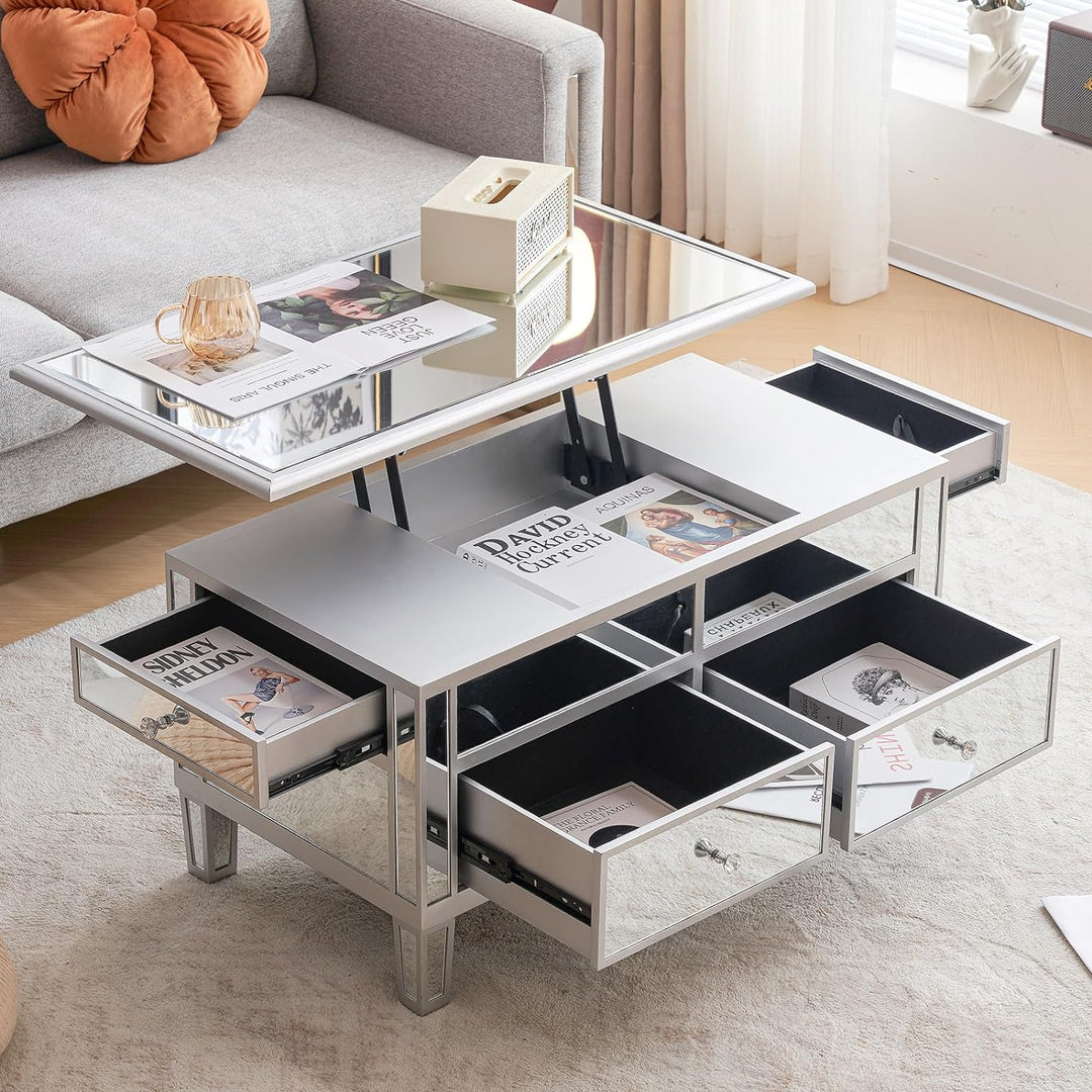 Mirrored Lift Top Coffee Table, Modern Living Room Furniture, Silver