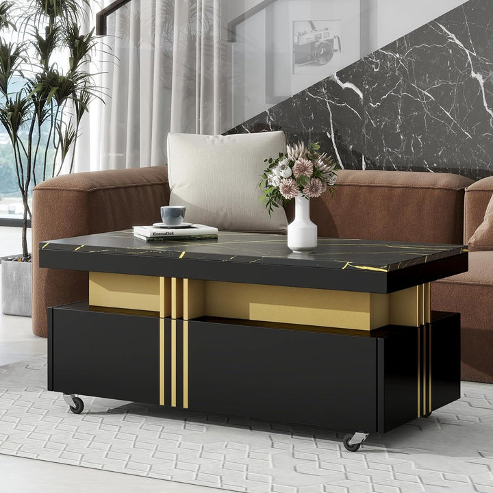 Faux Marble Coffee Table with Drawers, Contemporary Cocktail Table, Black