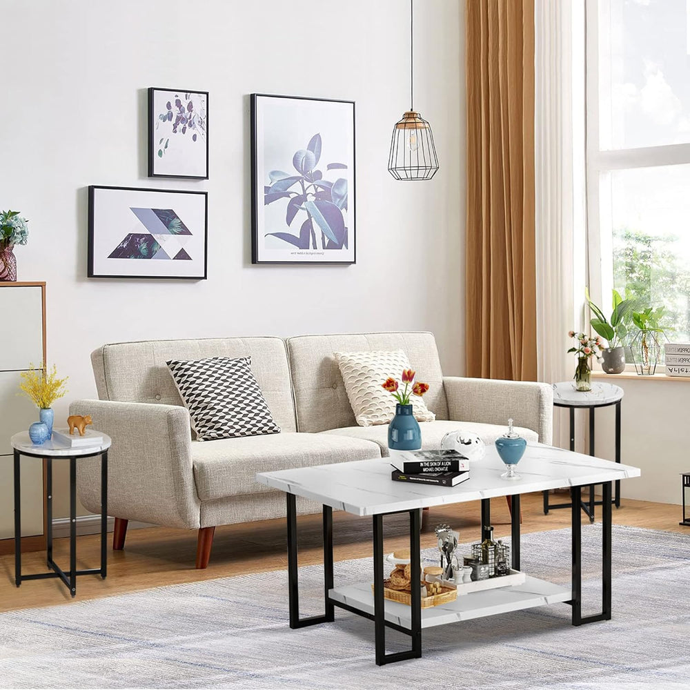 Faux Marble Coffee Table Set with Round End Tables, Metal Frame