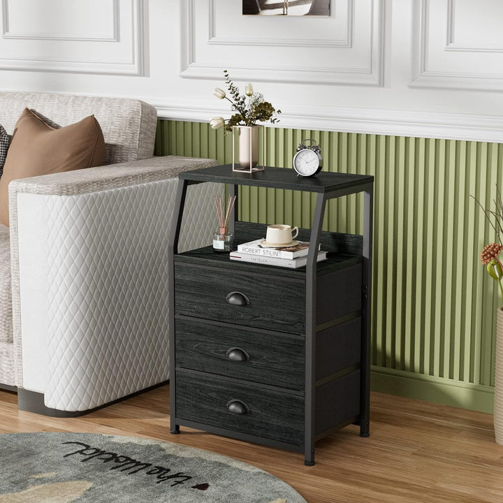 Black Dresser, 3 Fabric Drawers, 2-Tier Shelf