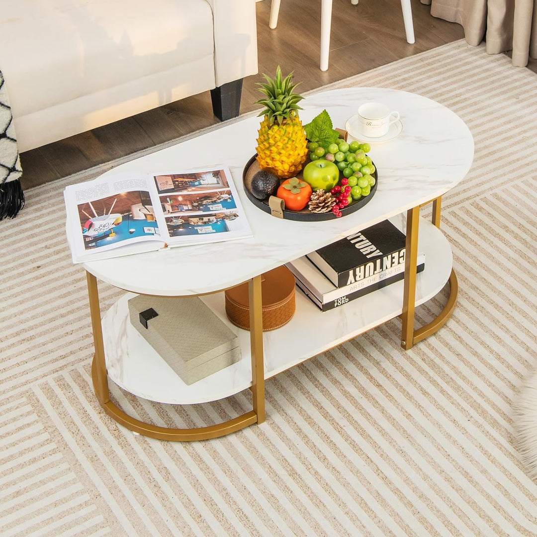 Modern Oval Coffee Table, Faux Marble White & Gold