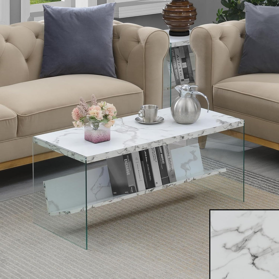 Soho Glass Coffee Table with Shelf, White Faux Marble