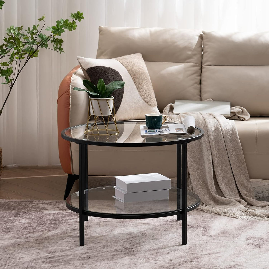 Stylish 2-Tier Glass Top Coffee Table with Storage, Black