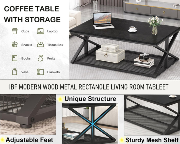 Versatile Black Oak Coffee Table with Storage, Modern Rectangular