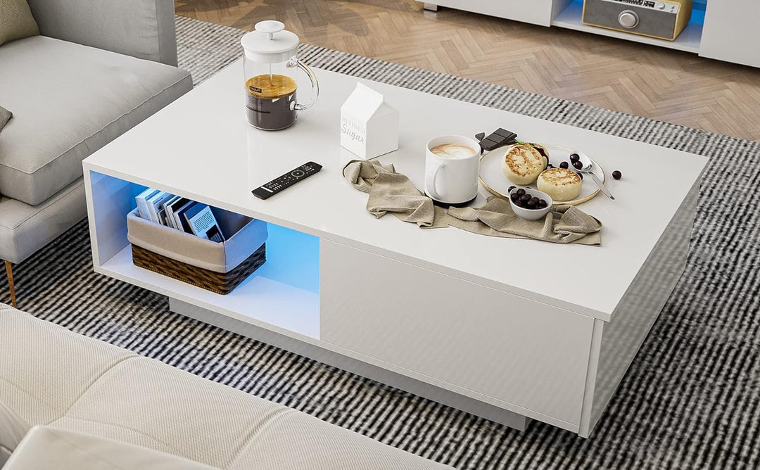 Stylish White LED Coffee Table with Color-Changing Lights, White