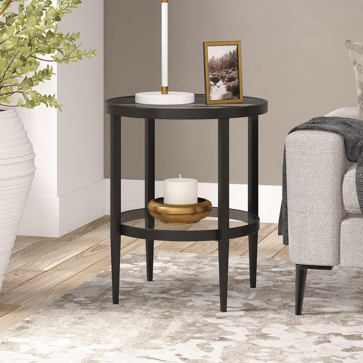 Elegant Round Side Table with Glass Shelf, Blackened Bronze