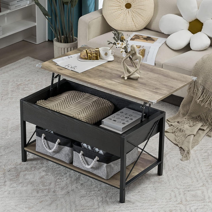 Rustic Farmhouse Grey Coffee Table with Lift Top, Storage Bins