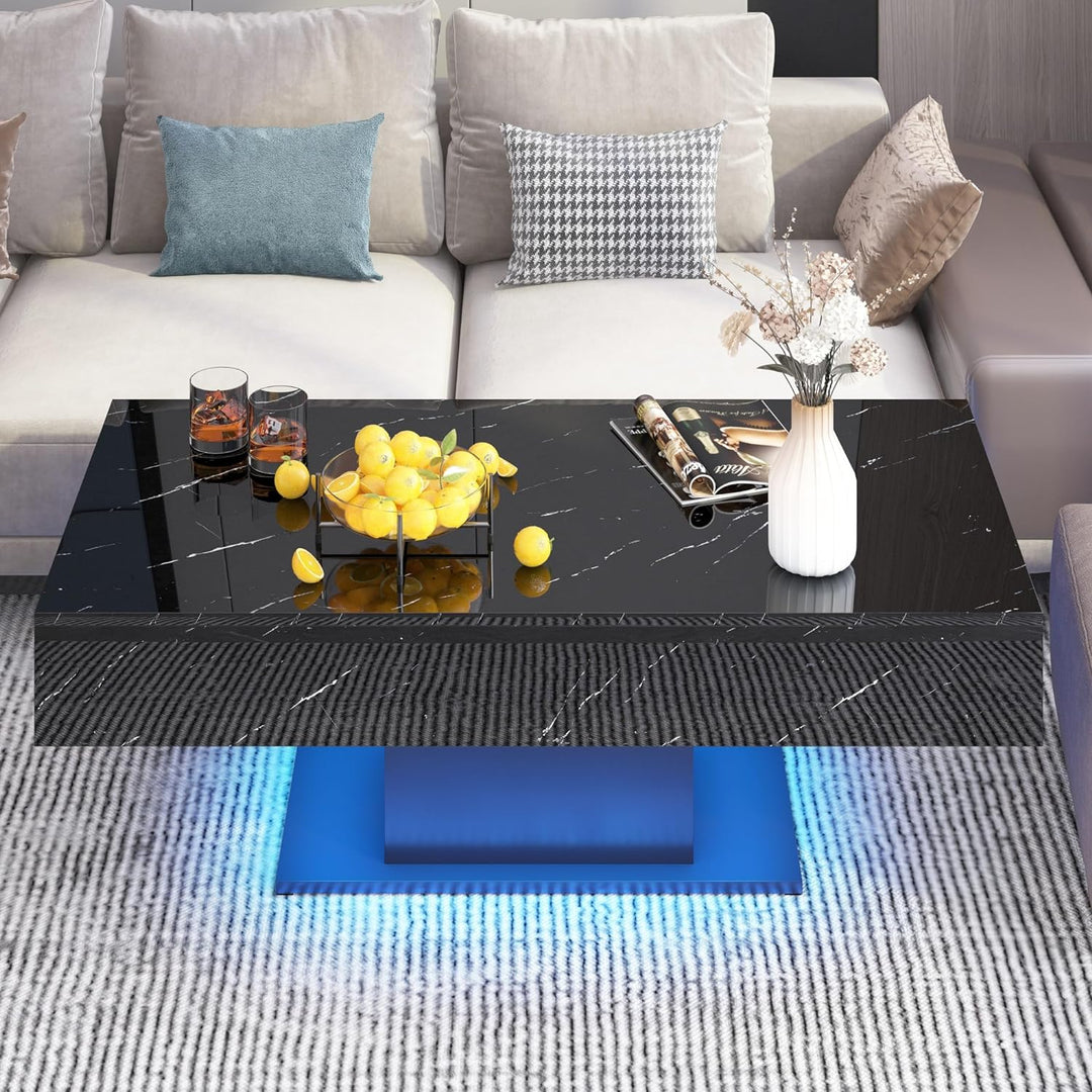 LED Coffee Table, Large Center Table, Smart Gaming Tea Table, High Gloss Black, Marbling Print