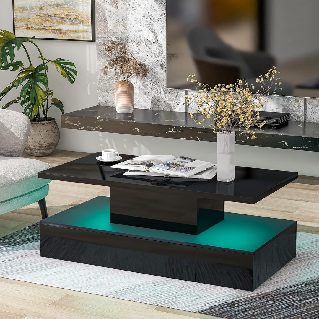 High Glossy Coffee Table with LED Lights, 2-Tier Rectangle Living Room Furniture, Black, 16 Colors