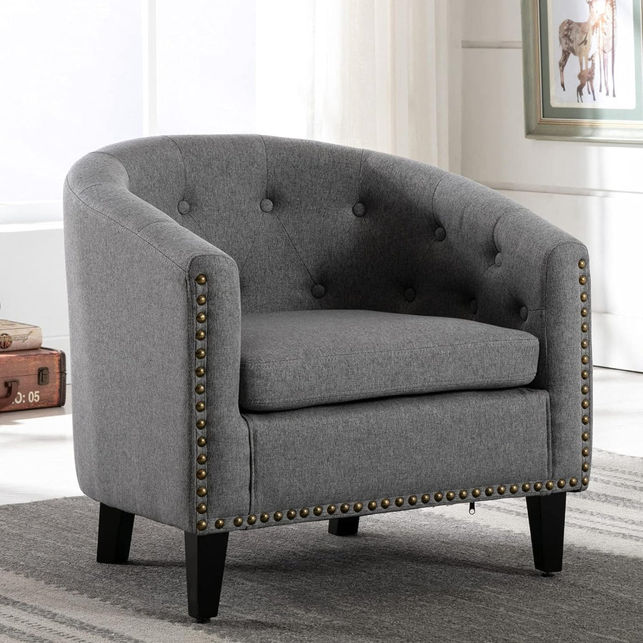 Modern Upholstered Accent Armchair Soft Linen Fabric Barrel Club Chairs for Living Room Comfy Single Sofa Office Guest Arm Chair with Solid Wood Legs and Nailhead for Bedroom (Y Type-Grey)