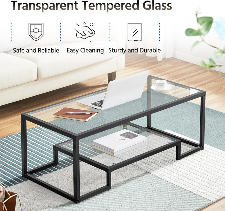 Tempered Glass Coffee Table, Geometric Design, Metal Frame, Black