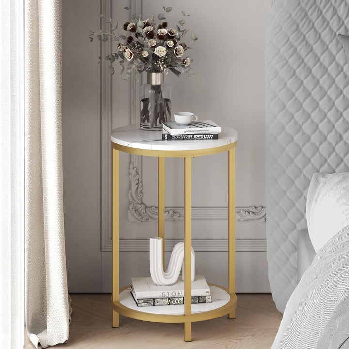 Round Side Table, Modern Nightstand End Table with Gold Metal Frame &Faux Marble Top