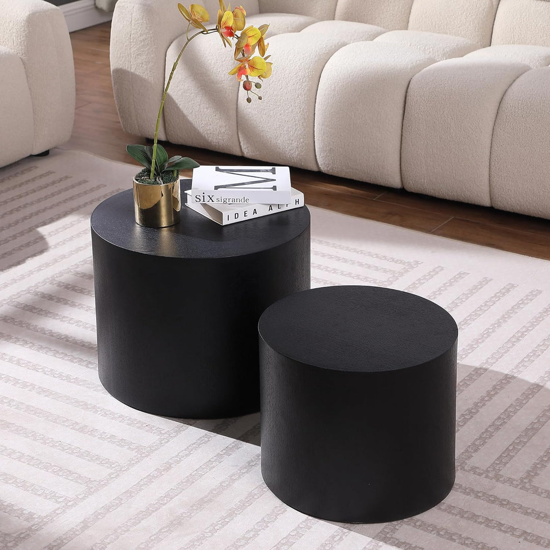 Elegant Black Round Coffee Table Set, Nesting Drum Side Tables, 18.89"round Black