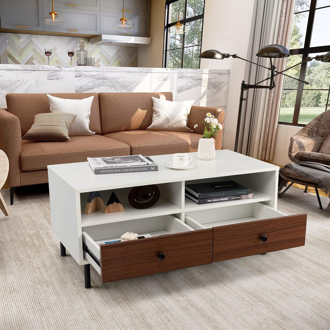 GOFLAME Modern Coffee Table, Drawers, Open Shelves, Steel Legs, White