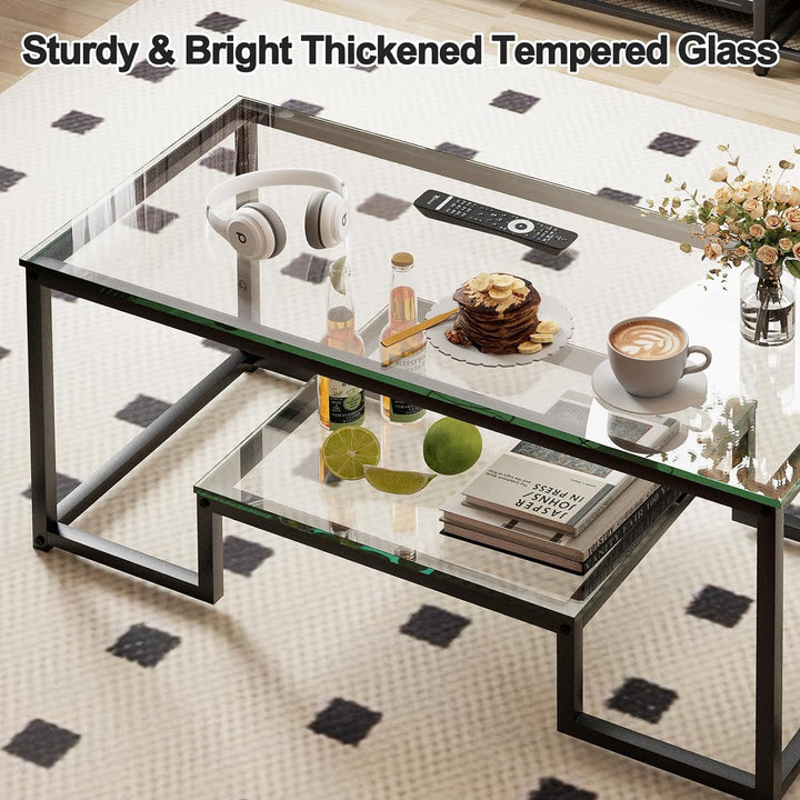 Coffee Table Black Glass 2 Tiers Rectangle Center Table