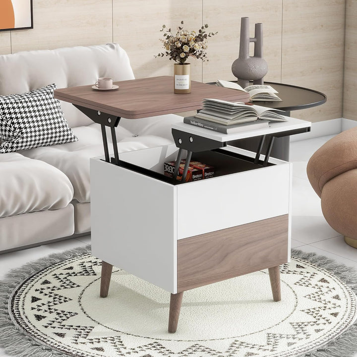 Lift Top Coffee Table with Storage Drawer, Hidden Shelf, and Extendable Dining Tabletop, Walnut/White