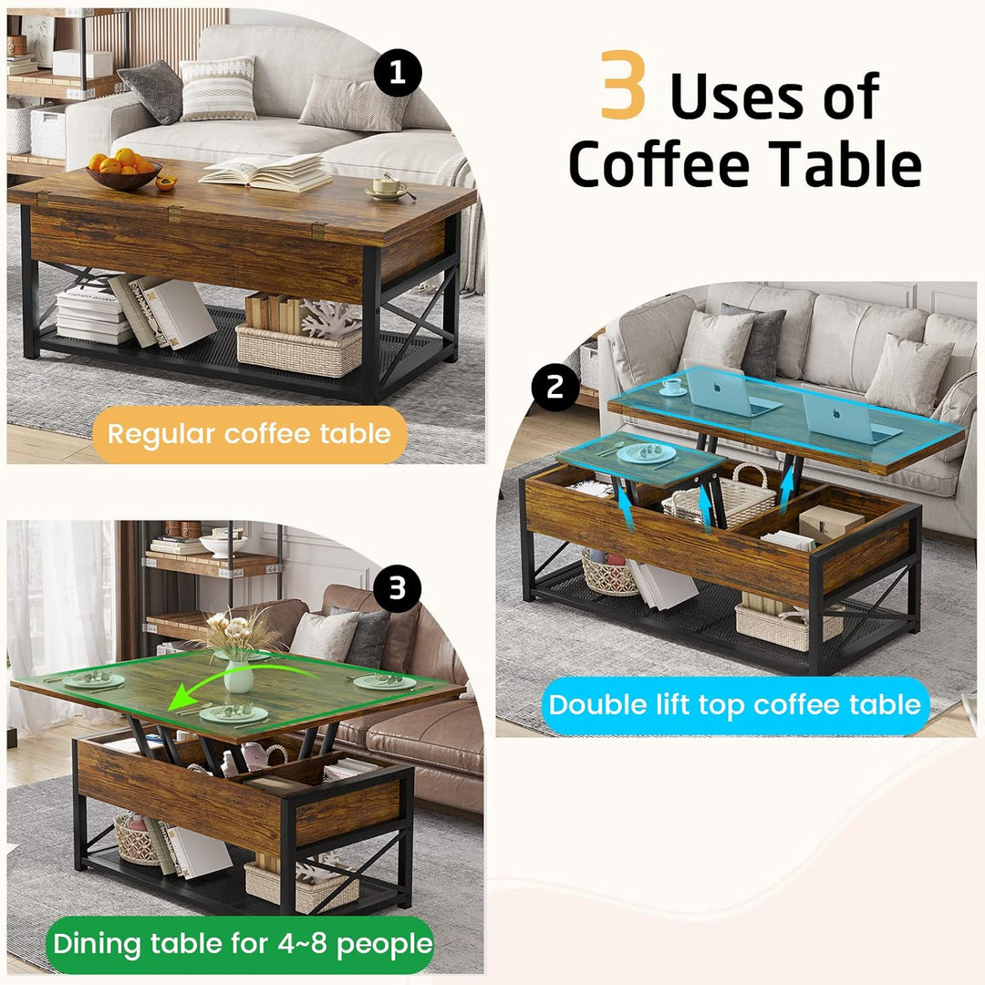 Lift Top Coffee Table with Storage, 3-in-1 Multi-Function, Rustic Brown