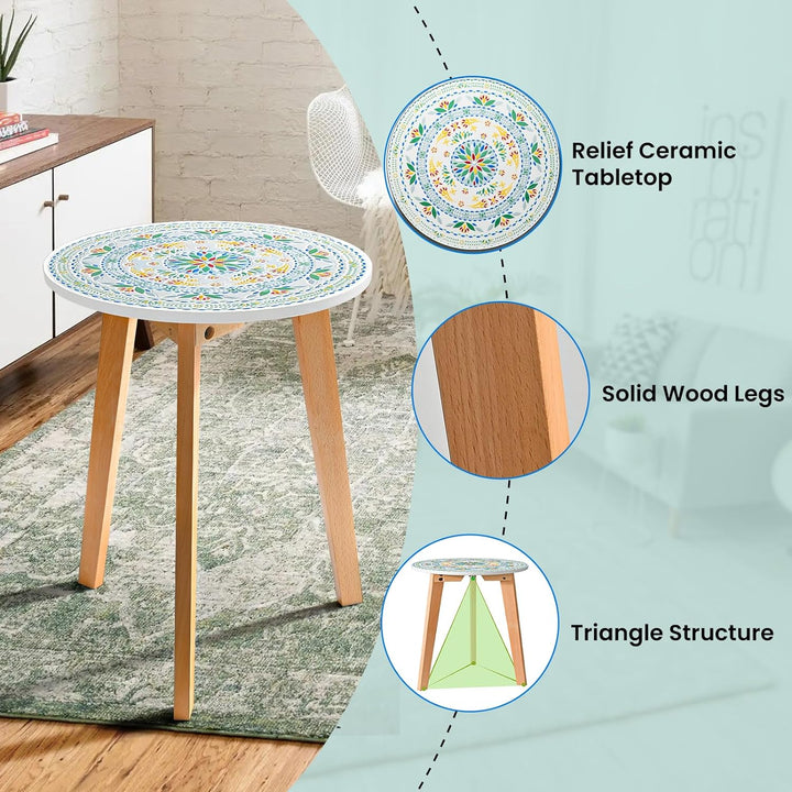 Accent Side End Table, 16" Ceramic Tile Top, Wood Base