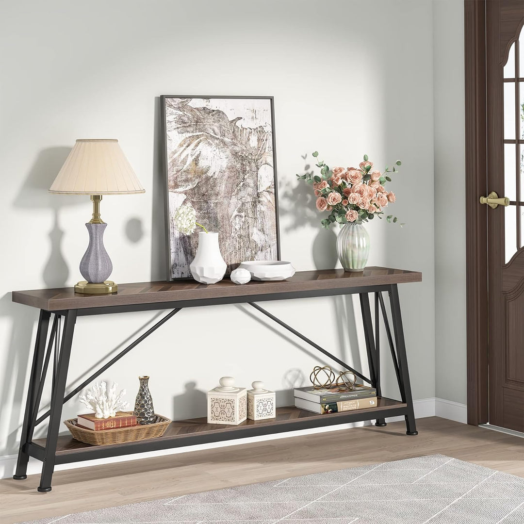 70.9" Industrial Entryway Console Sofa Table, Brown/Black