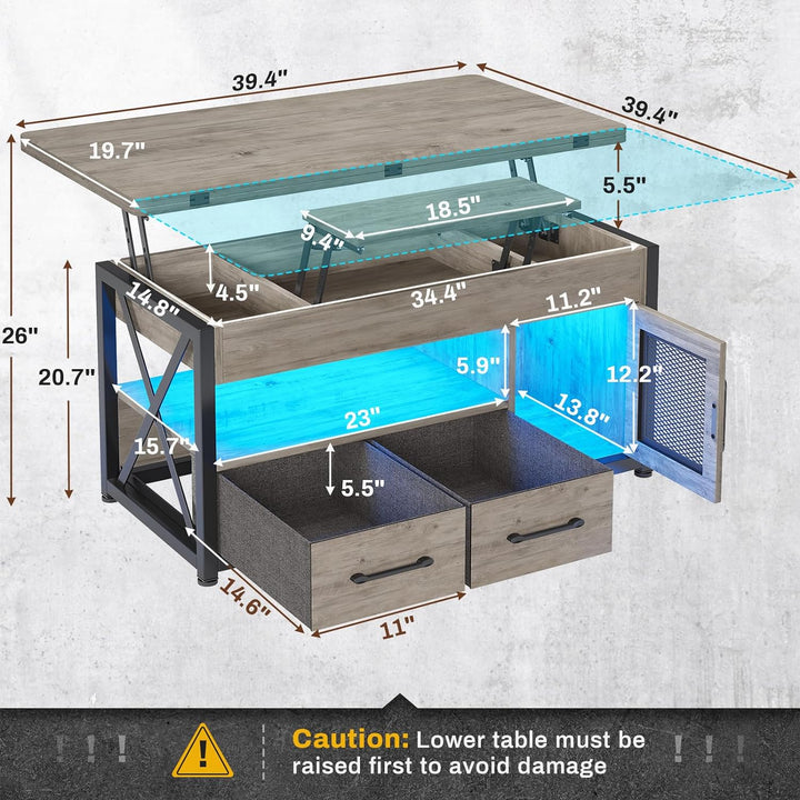 Lift Top Coffee Table with Storage Cabinet and Drawers, Grey