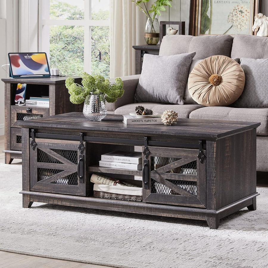 Rustic Farmhouse Coffee Table w/Storage, Sliding Barn Doors