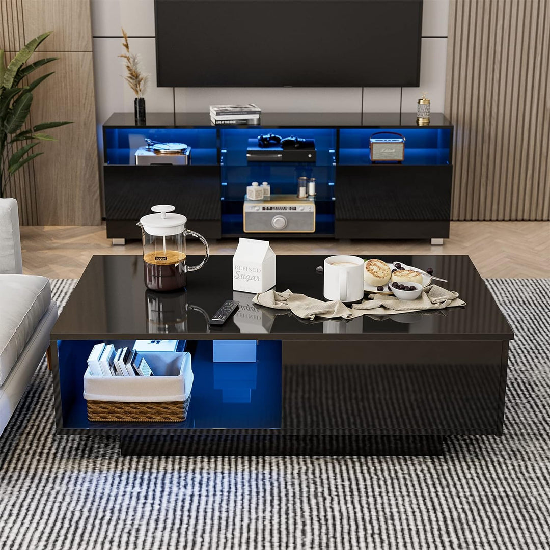 Modern High Glossy Coffee Table with LED Lighting, Black