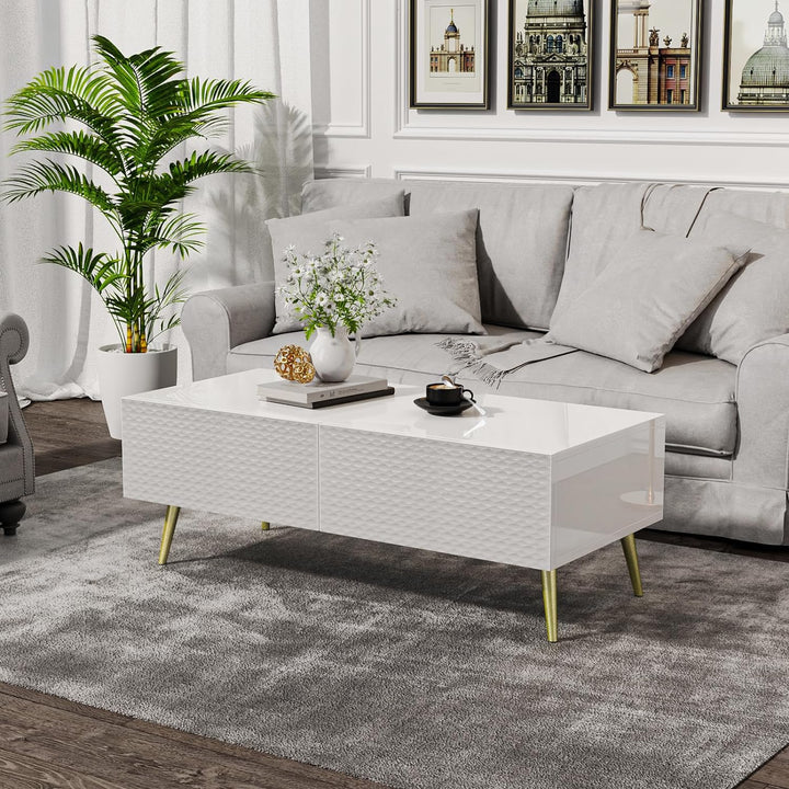 Modern Rectangular Coffee Table with Drawers, White