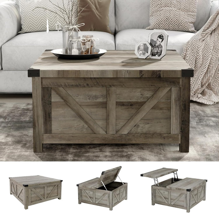 Farmhouse Lift Top Coffee Table with Storage, Wood Square Center Table with Charging Station and USB Ports, Grey