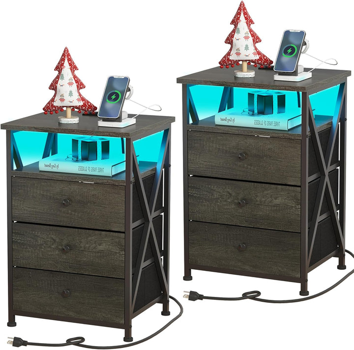 LED Nightstands Set of 2 with Charging Station, Dark