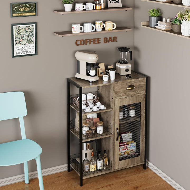 Versatile 3-Tier Coffee Bar Cabinet, Adjustable Shelf, Farmhouse Grey