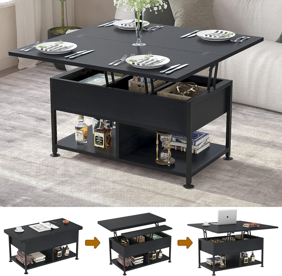 Lift Top Coffee Table with Hidden Compartment, Modern 4-in-1 Multifunctional Dining Table for Living Room, Black