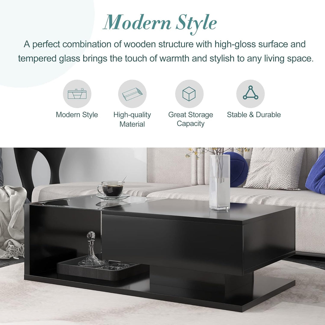 Modern Wooden Coffee Table with Tempered Glass Top, Black