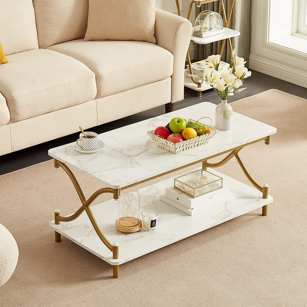 Versatile White and Gold Coffee Table, Modern Rectangle Design