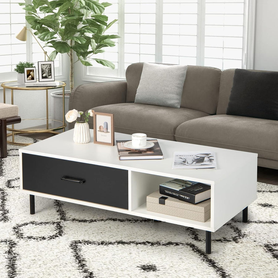 Giantex Modern Wood Rectangular Coffee Table, Drawer, Shelf (White, Black)