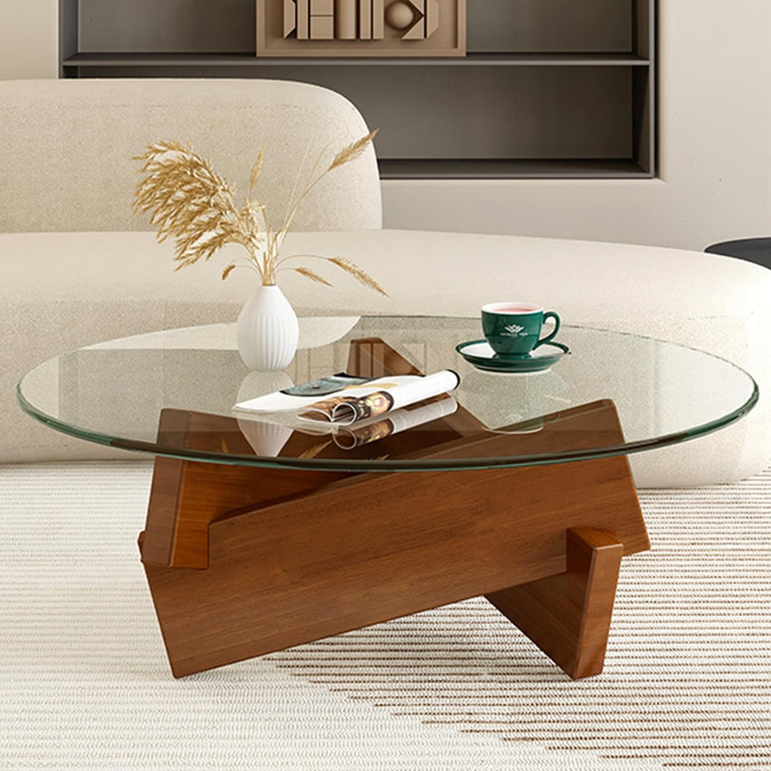 Stylish Round Glass Coffee Table, Walnut Transparent