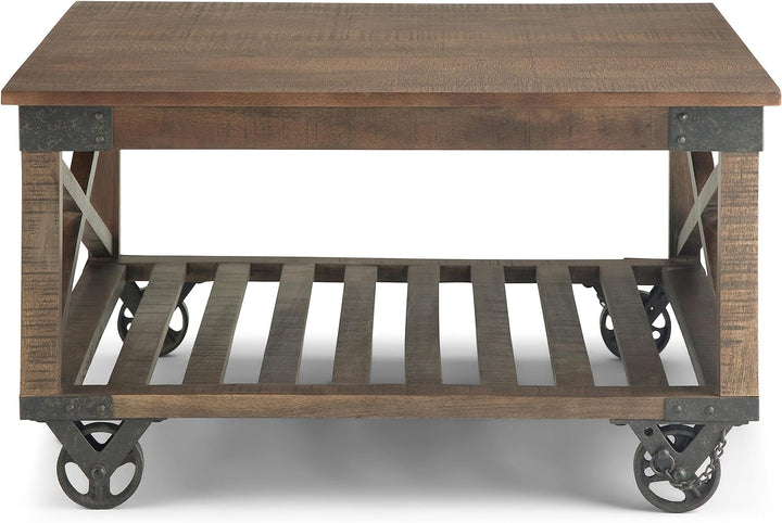 Solid Mango Wood and Metal Industrial Coffee Table, 32-inch, Distressed Dark Brown