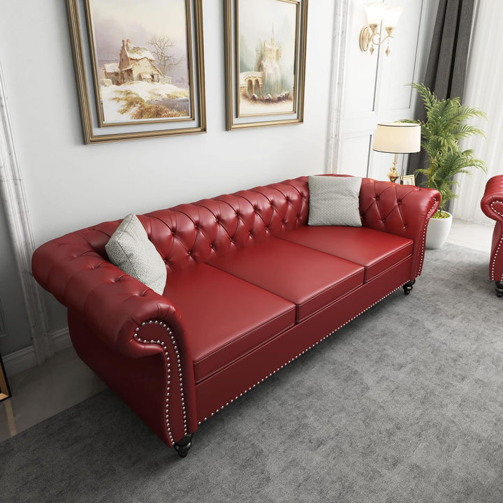 Chesterfield Sofa Leather, Modern PU Tufted Couch 3 Seater