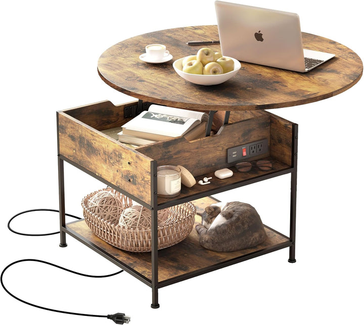 Modern Round Lift Top Coffee Table with Storage, Rustic Brown