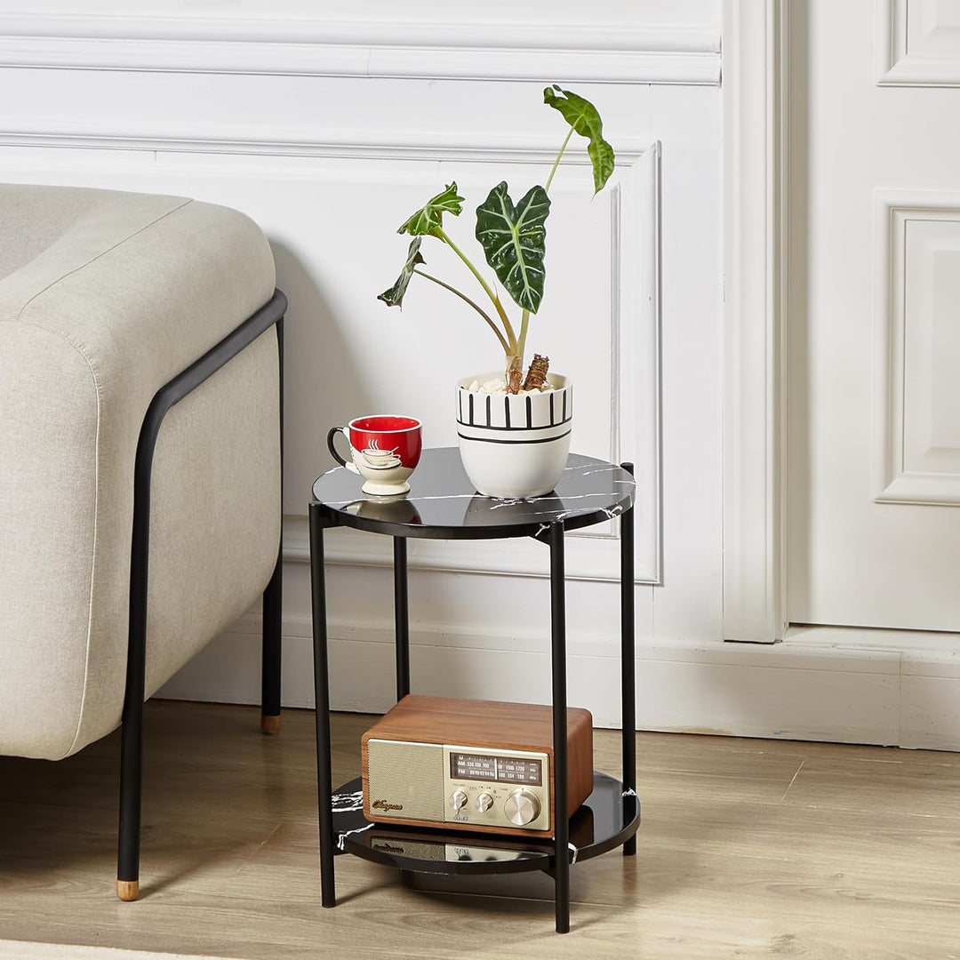 2 Tier Round Side Table, Faux Marble Black Accent Table