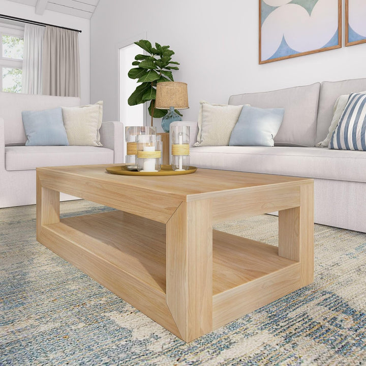 Rectangular Modern Coffee Table with Shelf, Solid Wood, Blonde Wirebrush