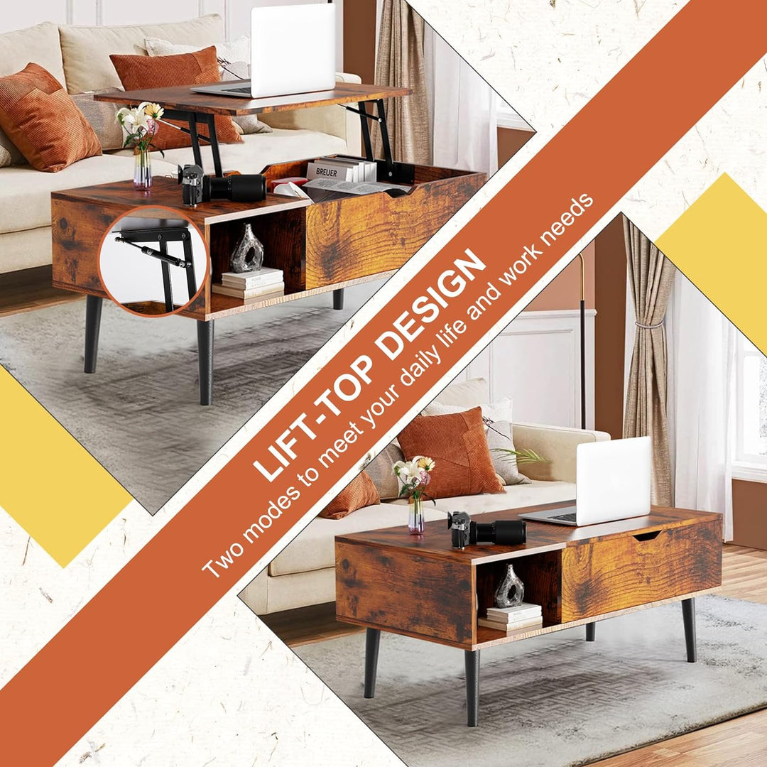 Lift Top Coffee Table with Hidden Storage, Adjustable Laptop Desk, Rust