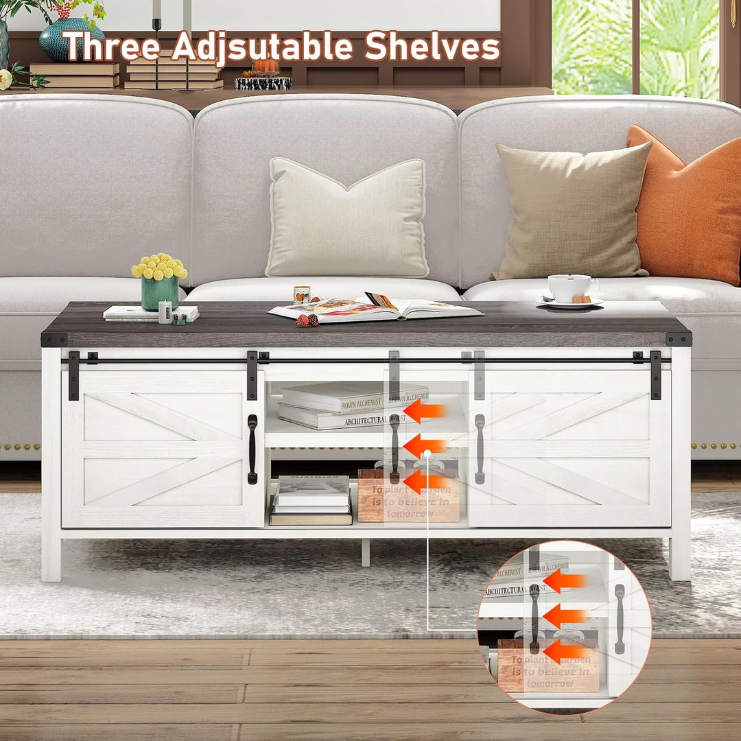 Farmhouse Coffee Table with Hidden Storage, Sliding Barn Doors, White Brown