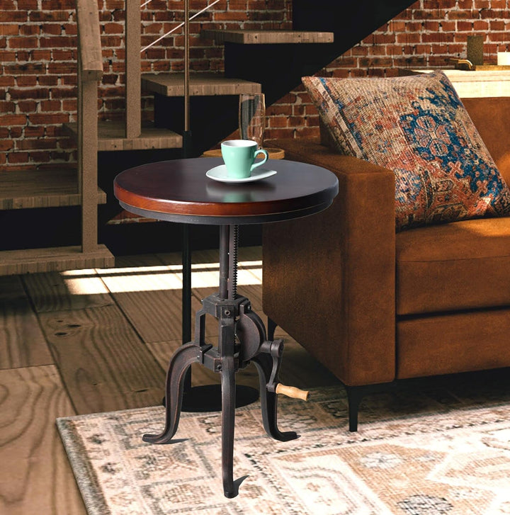 Industrial Iron Adjustable Crank Accent Table,Walnut/Copper