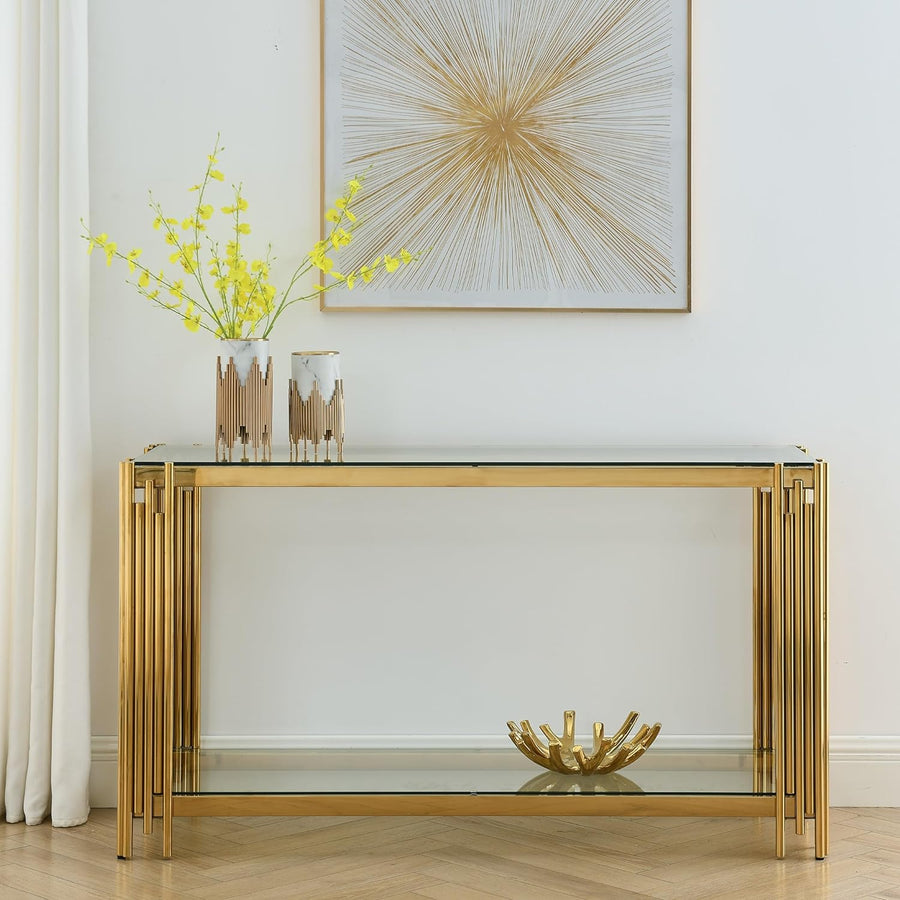 Modern Glass Console Table, Gold Finish